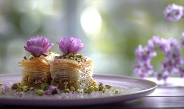 Rose and pistachio baklava on a pastel purple plate AI generated