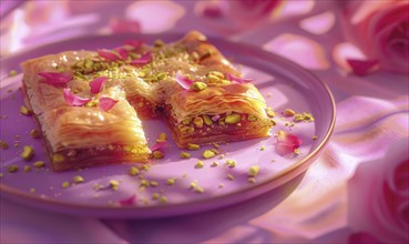 Rose and pistachio baklava on a pastel purple plate AI generated