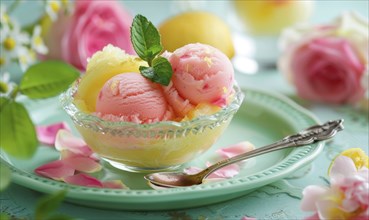 Rose and lemon sorbet in a glass bowl on a pastel green plate AI generated