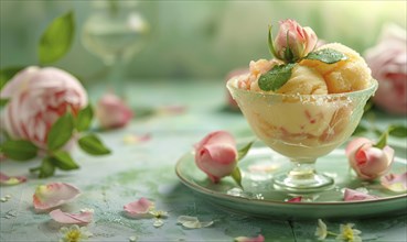 Rose and lemon sorbet in a glass bowl on a pastel green plate AI generated