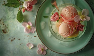 Rose and lemon sorbet in a glass bowl on a pastel green plate AI generated