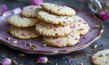 Rose and cardamom shortbread cookies on a pastel purple plate AI generated