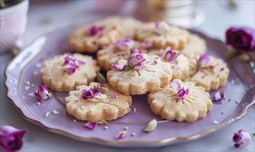 Rose and cardamom shortbread cookies on a pastel purple plate AI generated