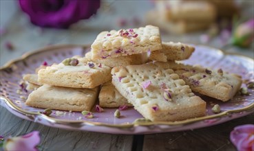 Rose and cardamom shortbread cookies on a pastel purple plate AI generated