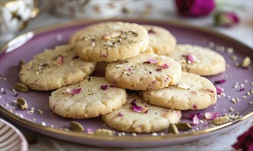 Rose and cardamom shortbread cookies on a pastel purple plate AI generated