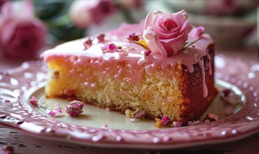 Rose and almond cake with rose glaze on a pastel pink plate AI generated