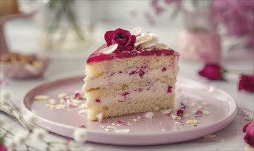 Rose and almond cake with rose glaze on a pastel pink plate AI generated