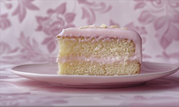 Rose and almond cake with rose glaze on a pastel pink plate AI generated