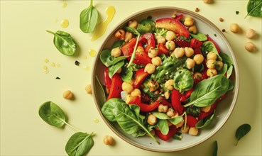 Roasted red pepper and chickpea salad on a light yellow background AI generated