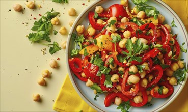 Roasted red pepper and chickpea salad on a light yellow background AI generated