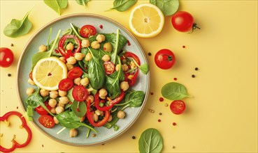 Roasted red pepper and chickpea salad on a light yellow background AI generated