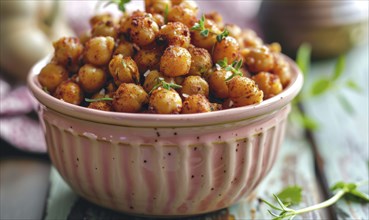 Roasted chickpeas with paprika in a pastel pink bowl AI generated