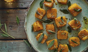 Roasted butternut squash bites with sage on a pastel green plate AI generated