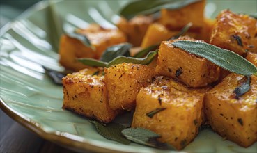 Roasted butternut squash bites with sage on a pastel green plate AI generated