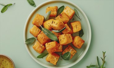 Roasted butternut squash bites with sage on a pastel green plate AI generated