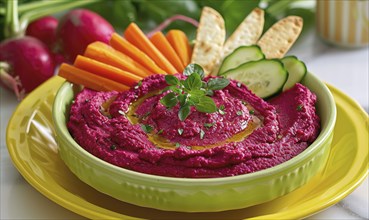 Roasted beet hummus with vegetable sticks on a pastel yellow plate AI generated