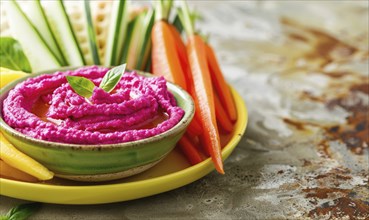 Roasted beet hummus with vegetable sticks on a pastel yellow plate AI generated