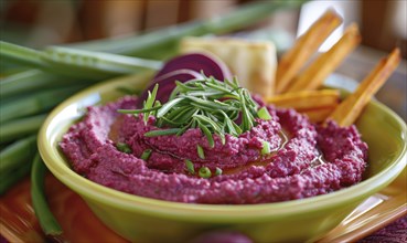 Roasted beet hummus with vegetable sticks on a pastel yellow plate AI generated