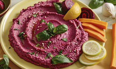 Roasted beet hummus with vegetable sticks on a pastel yellow plate AI generated