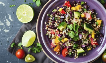 Quinoa and black bean salad with lime on a pastel purple plate AI generated