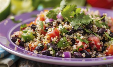 Quinoa and black bean salad with lime on a pastel purple plate AI generated