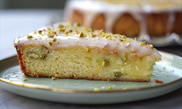 Pistachio yogurt cake with pistachio glaze on a pastel green plate AI generated