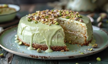 Pistachio yogurt cake with pistachio glaze on a pastel green plate AI generated