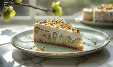 Pistachio yogurt cake with pistachio glaze on a pastel green plate AI generated