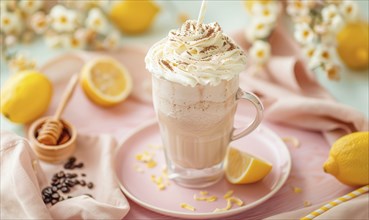 Lemon and coffee milkshake with whipped cream on a pastel pink plate AI generated