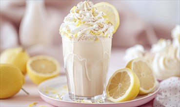 Lemon and coffee milkshake with whipped cream on a pastel pink plate AI generated