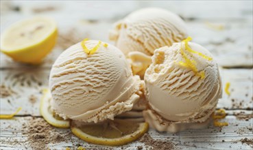 Lemon and coffee ice cream with lemon zest on a light wooden background AI generated