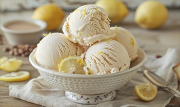 Lemon and coffee ice cream with lemon zest on a light wooden background AI generated