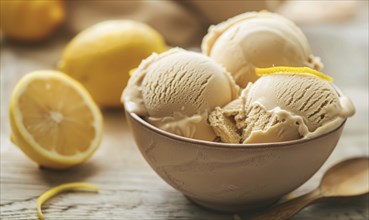 Lemon and coffee ice cream with lemon zest on a light wooden background AI generated