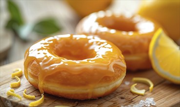 Lemon and coffee donuts with glaze on a light wooden background AI generated