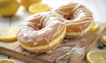 Lemon and coffee donuts with glaze on a light wooden background AI generated