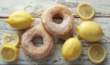 Lemon and coffee donuts with glaze on a light wooden background AI generated