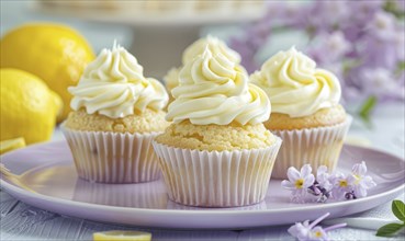 Lemon and coffee cupcakes with frosting on a pastel purple plate AI generated