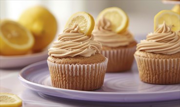 Lemon and coffee cupcakes with frosting on a pastel purple plate AI generated