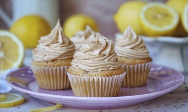 Lemon and coffee cupcakes with frosting on a pastel purple plate AI generated