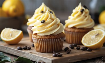 Lemon and coffee cupcakes with coffee beans on a light wooden background AI generated