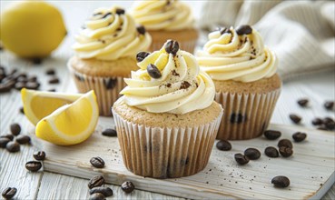 Lemon and coffee cupcakes with coffee beans on a light wooden background AI generated