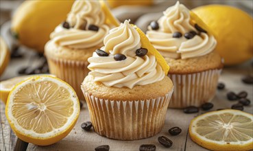 Lemon and coffee cupcakes with coffee beans on a light wooden background AI generated