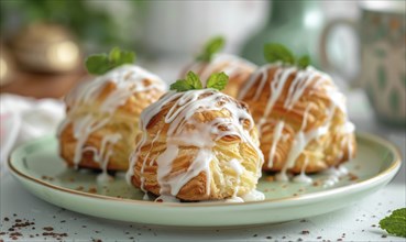 Lemon and coffee cream puffs with glaze on a pastel green plate AI generated