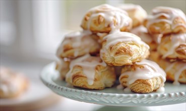 Lemon and coffee cream puffs with glaze on a pastel green plate AI generated