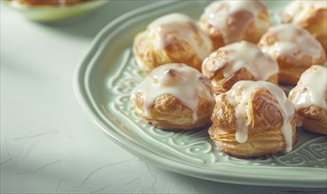 Lemon and coffee cream puffs with glaze on a pastel green plate AI generated