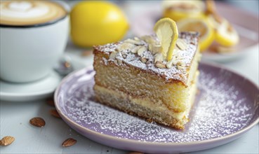 Lemon and almond cake with a cappuccino on a pastel purple plate AI generated