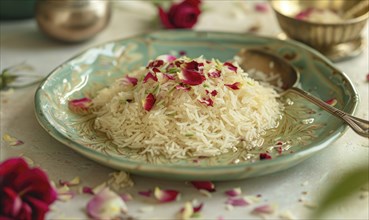 Lebanese riz bi haleeb with rosewater on a pastel green plate AI generated