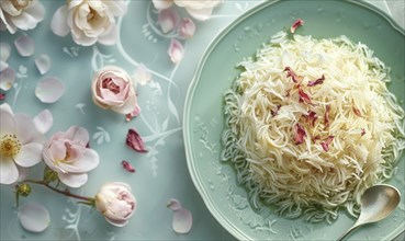 Lebanese riz bi haleeb with rosewater on a pastel green plate AI generated