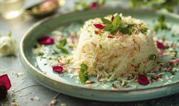 Lebanese riz bi haleeb with rosewater on a pastel green plate AI generated