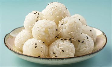 Korean steamed rice cakes (tteok) on a light blue background AI generated